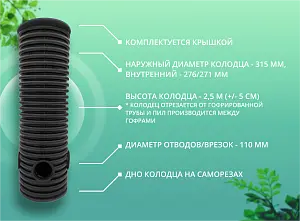 Дренажный колодец d315 h2500 с черной крышкой (отводы 110 мм) 2