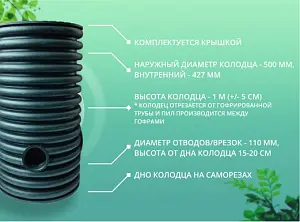 Дренажный колодец d500 h1000 с черной крышкой (отводы 110 мм) 2