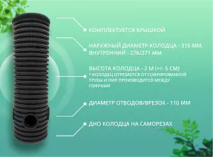 Дренажный колодец d315 h2000 с черной крышкой (отводы 110 мм) 2