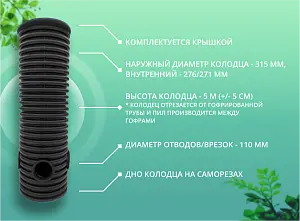 Дренажный колодец d315 h5000 с черной крышкой (отводы 110 мм) 2