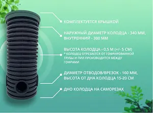Дренажный колодец d340 h 500 с зеленой крышкой (отводы 160 мм) 2