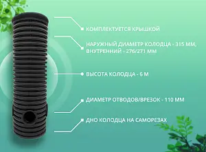 Дренажный колодец d315 h6000 с черной крышкой (отводы 110 мм) 2