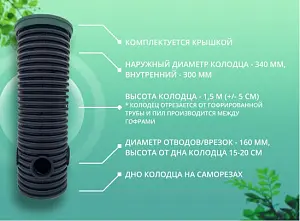 Дренажный колодец d340 h1500 с зеленой крышкой (отводы 160 мм) 2
