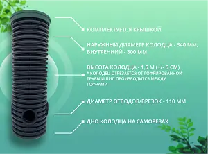 Дренажный колодец d340 h1500 с зеленой крышкой (отводы 110 мм) 2