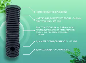 Дренажный колодец d340 h4500 с зеленой крышкой (отводы 110 мм) 2