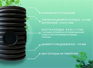 Дренажный колодец d315 h 500 с черной крышкой (отводы 110 мм) 2