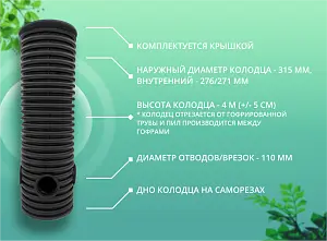 Дренажный колодец d315 h4000 с черной крышкой (отводы 110 мм) 2