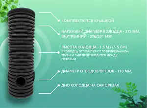 Дренажный колодец d315 h1500 с черной крышкой (отводы 110 мм) 2